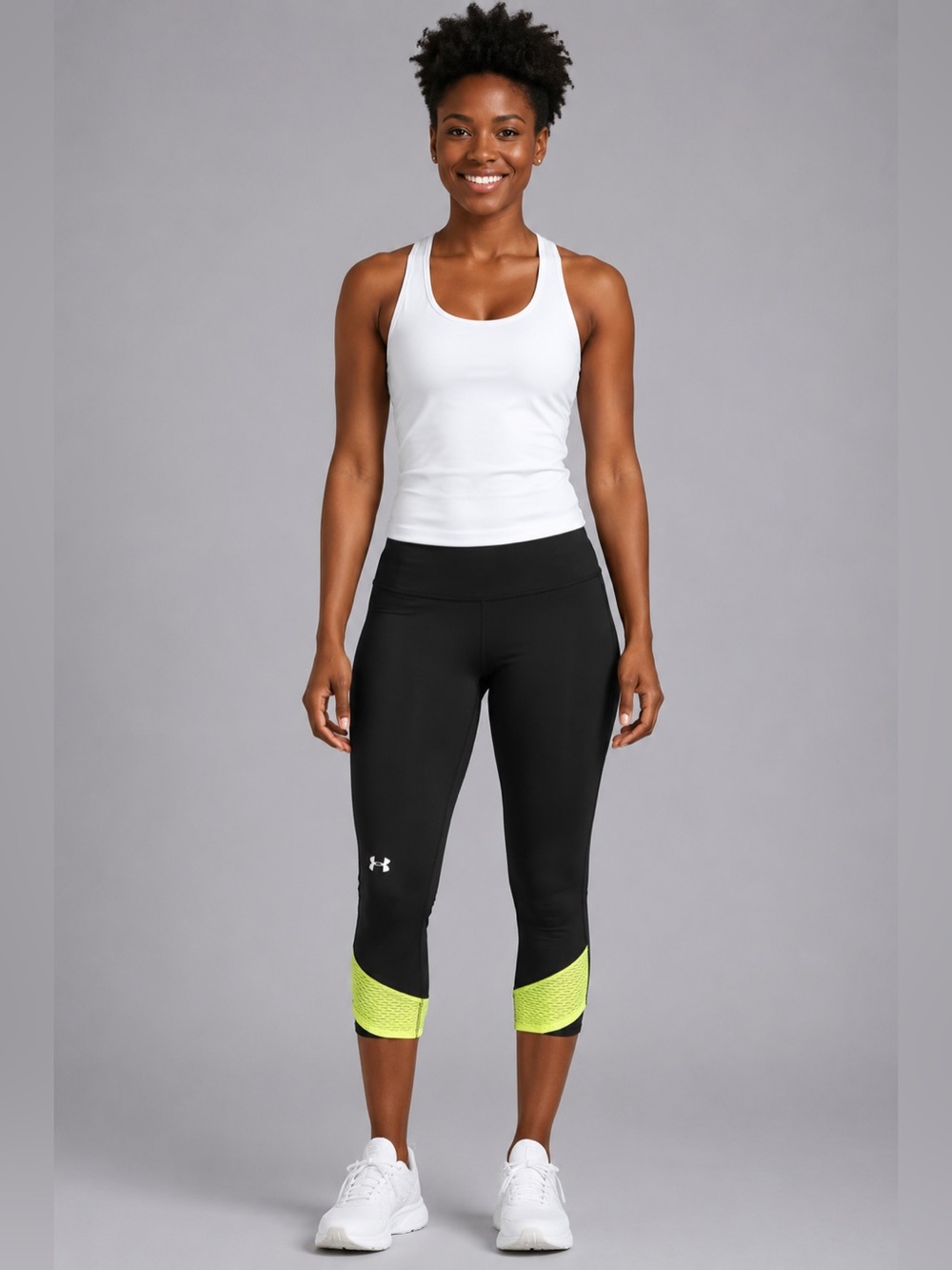 Under Armour Crop Compression Leggings Black Neon Yellow Running Yoga Women’s M